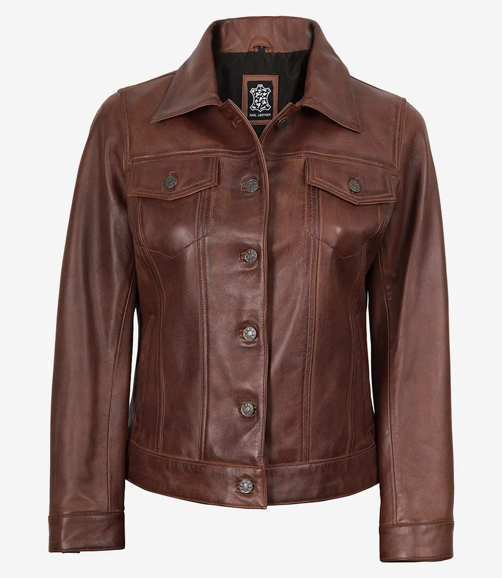 Fernando Women's Cognac Brown Trucker Leather Jacket - Image 2