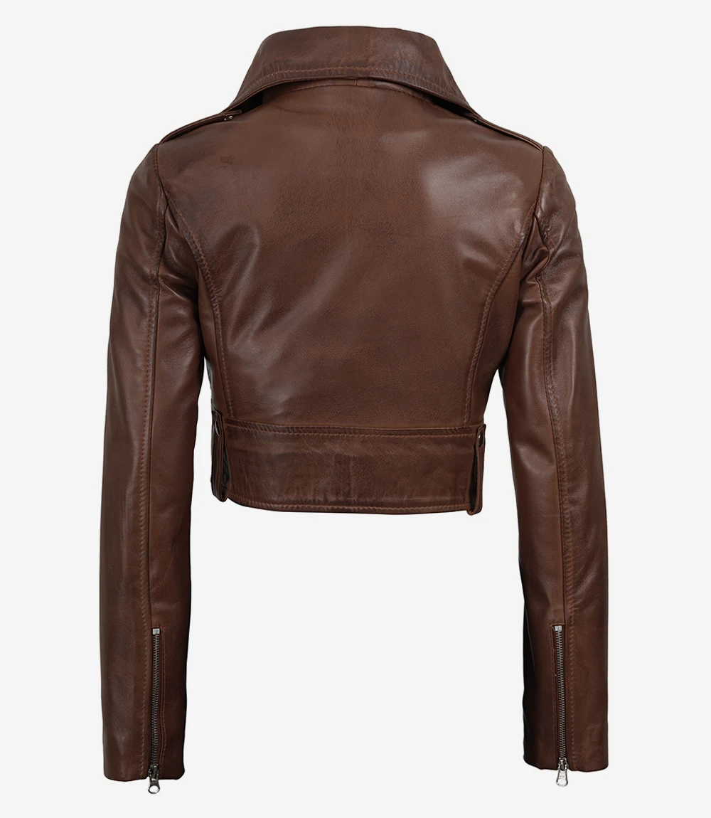 Women's Cropped Cognac Wax Moto Leather Jacket - Image 2