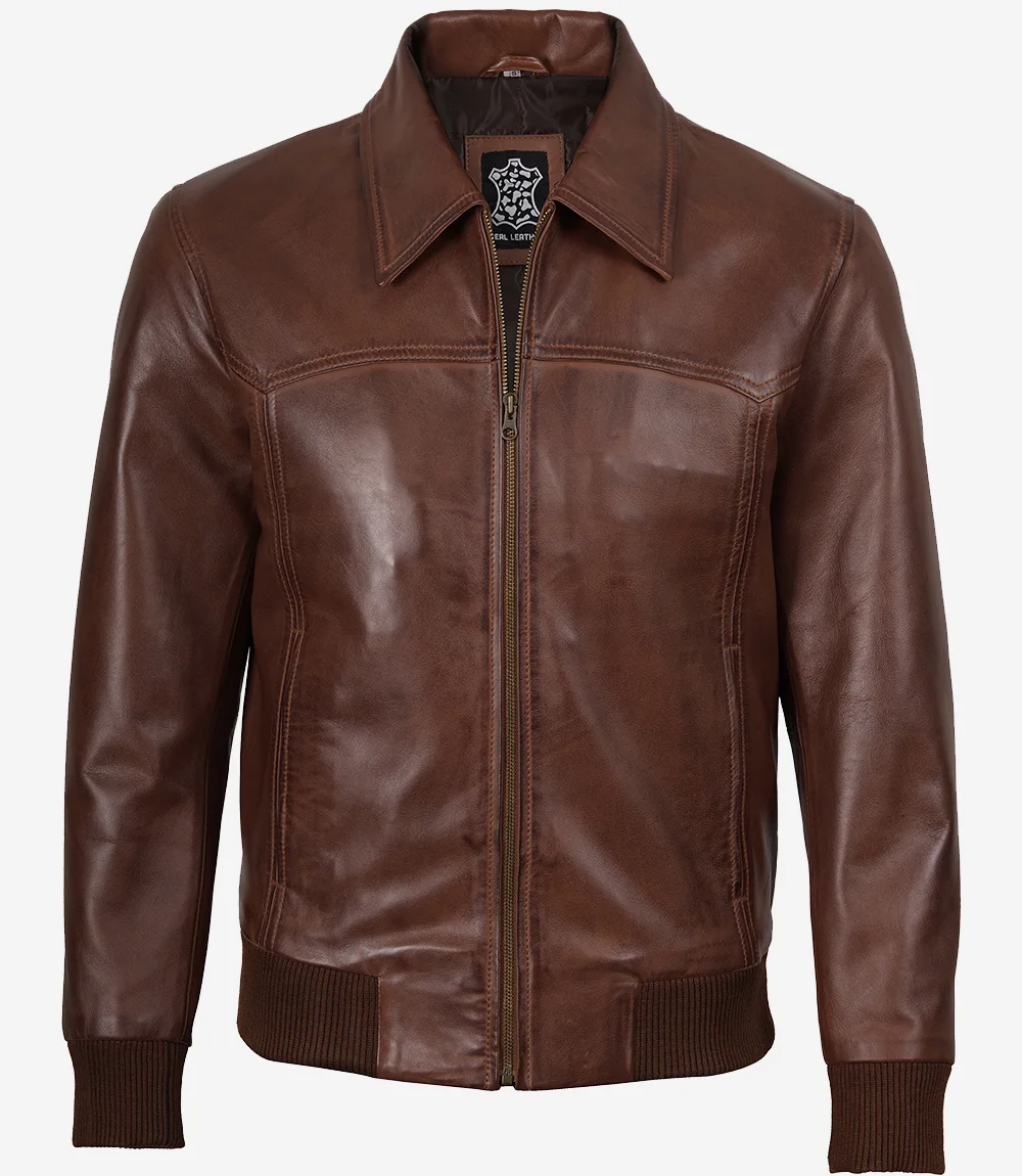 Men's Cognac Brown Wax Leather Bomber Jacket - Image 3