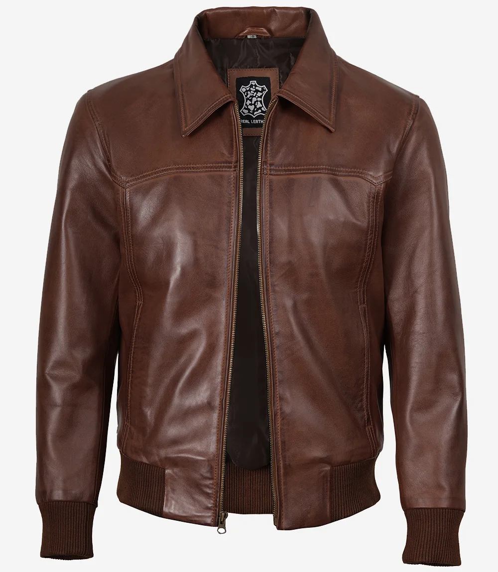 Men's Cognac Brown Wax Leather Bomber Jacket - Image 4