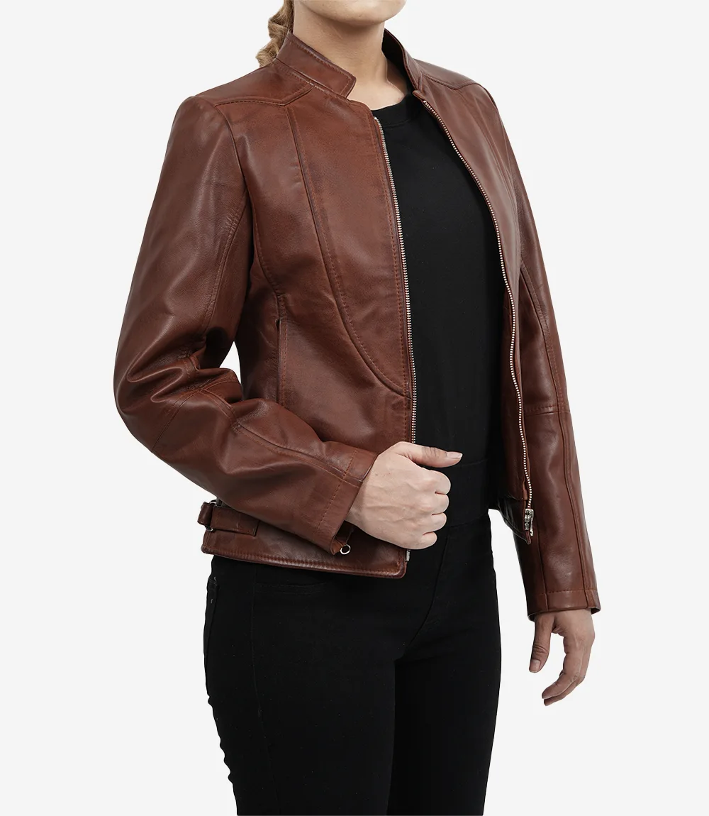 Women's Vintage Cafe Racer Cognac Brown Leather Jacket - Image 7