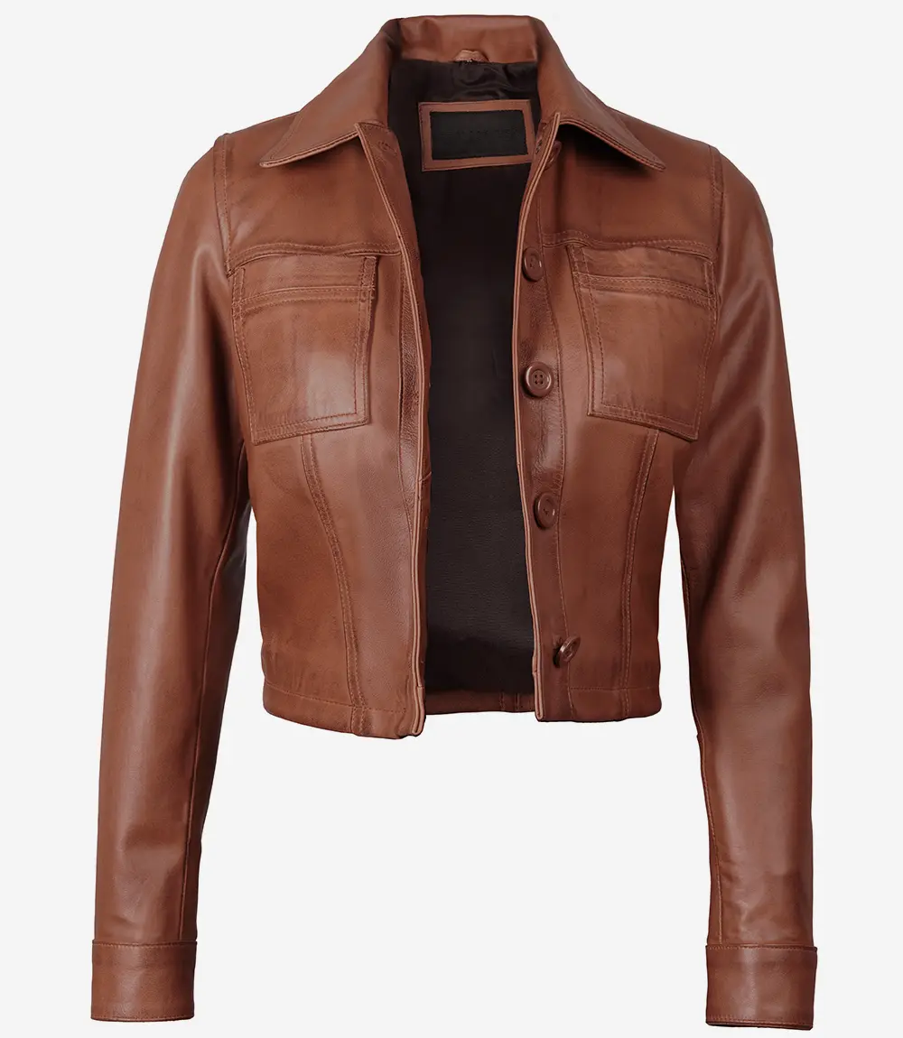 Women's Cognac Brown Cropped Leather Jacket — Shirt Collar, Buttoned Front - Image 2