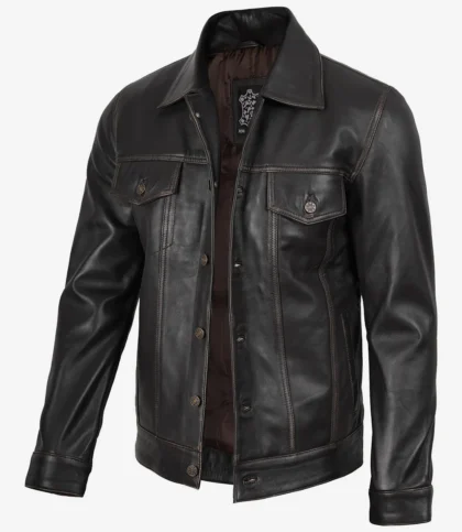 Men's Dark Brown Trucker Leather Jacket