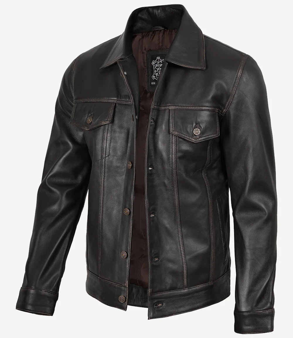Men's Dark Brown Trucker Leather Jacket