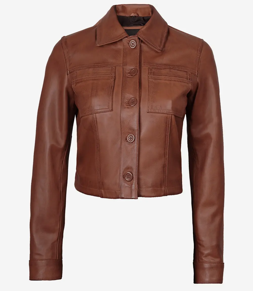Women's Cognac Brown Cropped Leather Jacket — Shirt Collar, Buttoned Front - Image 3