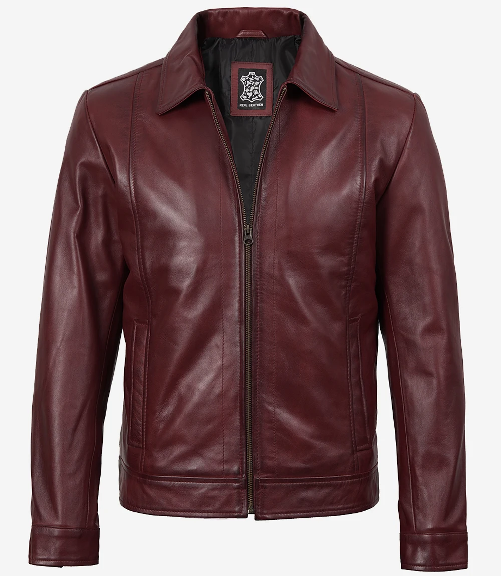 Reeves Men's Burgundy Leather Harrington Jacket — Waxed - Image 2