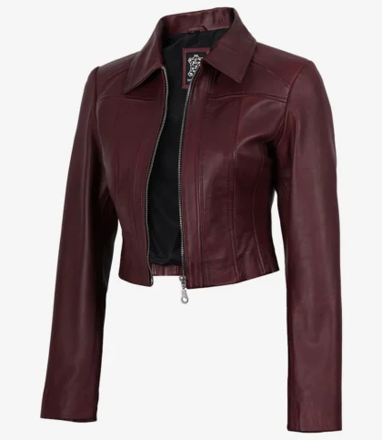 Women's Burgundy Wax Cropped Harrington Leather Jacket