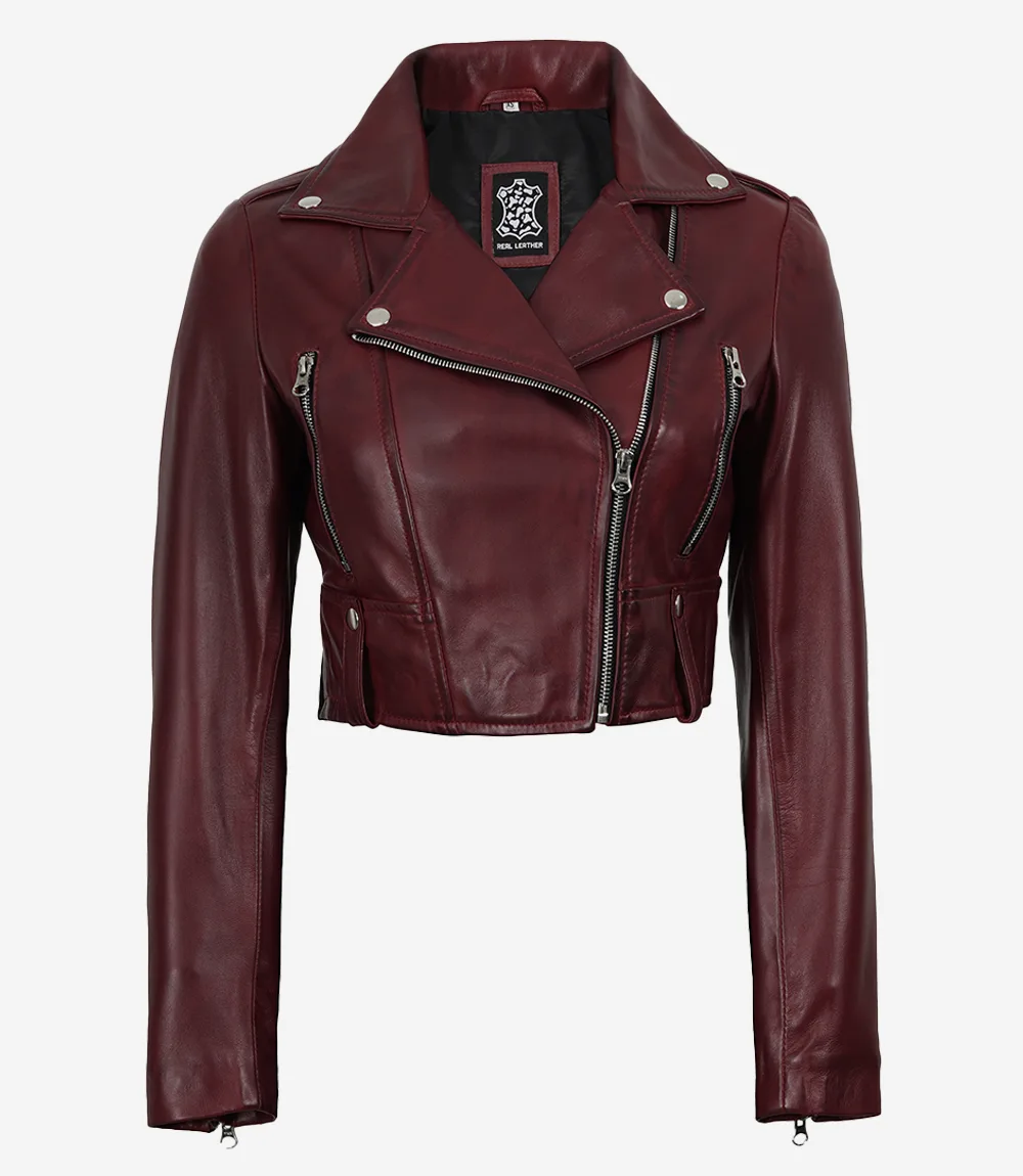 Women's Cropped Burgundy Wax Leather Biker Jacket - Image 2