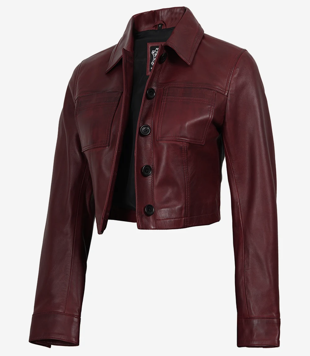 Women's Burgundy Wax Cropped Leather Harrington Jacket