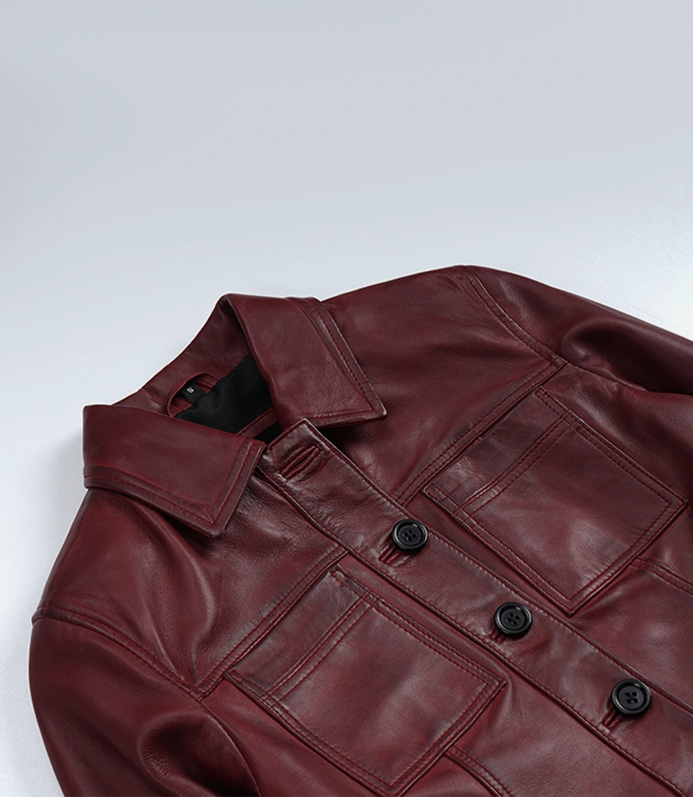 Women's Burgundy Wax Cropped Leather Harrington Jacket - Image 6