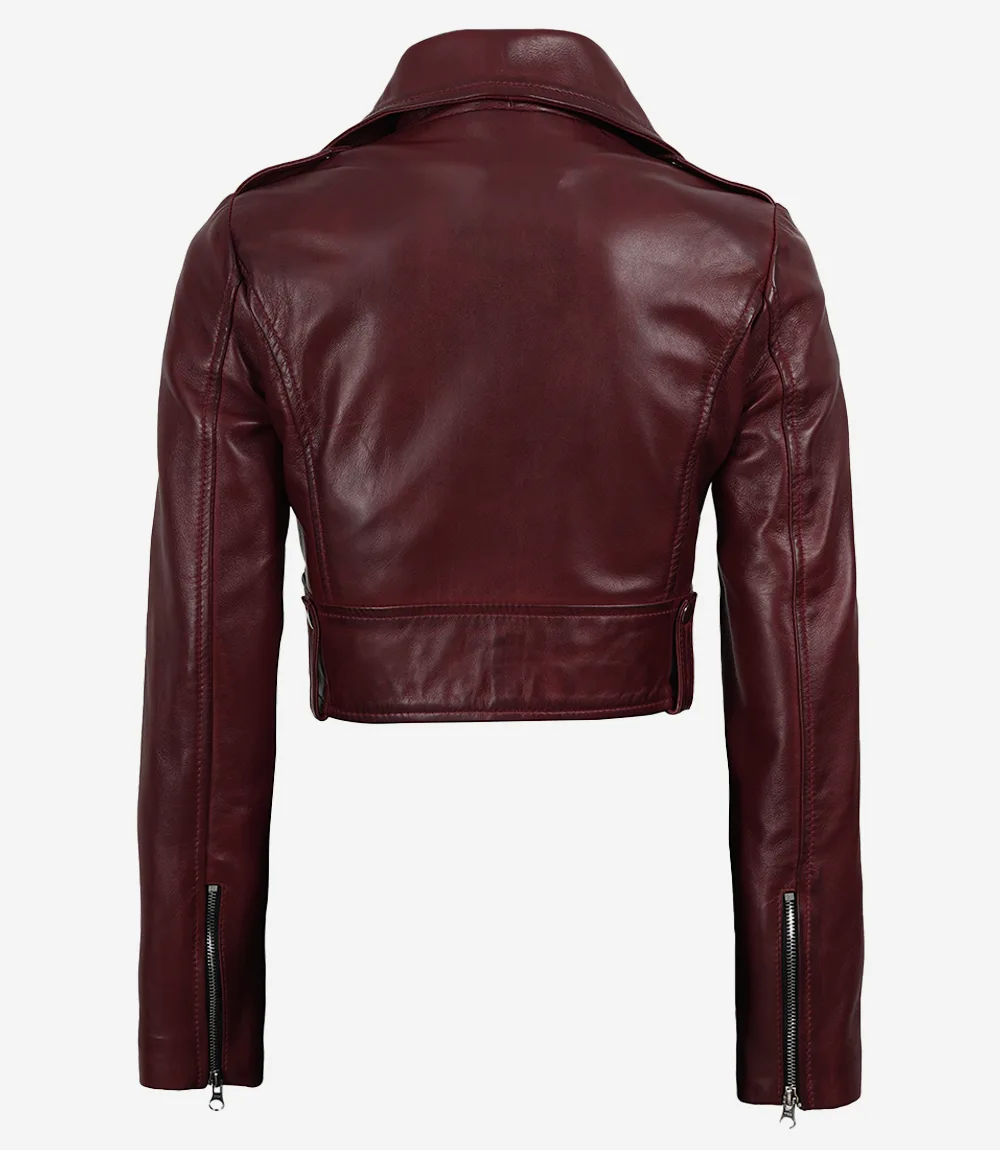 Women's Cropped Burgundy Wax Leather Biker Jacket - Image 3