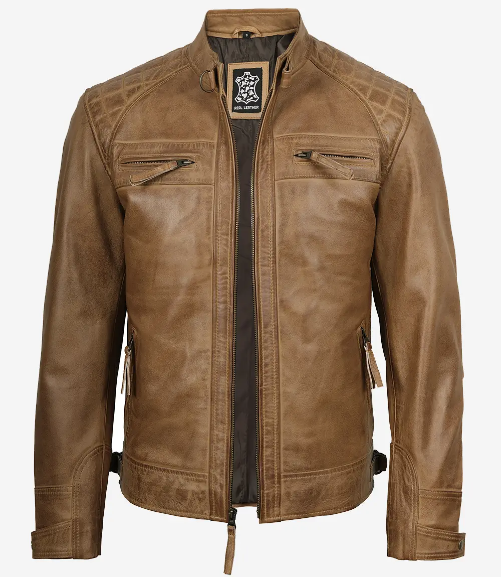Men’s Waxed Camel Brown Cafe Racer Leather Jacket - Image 3