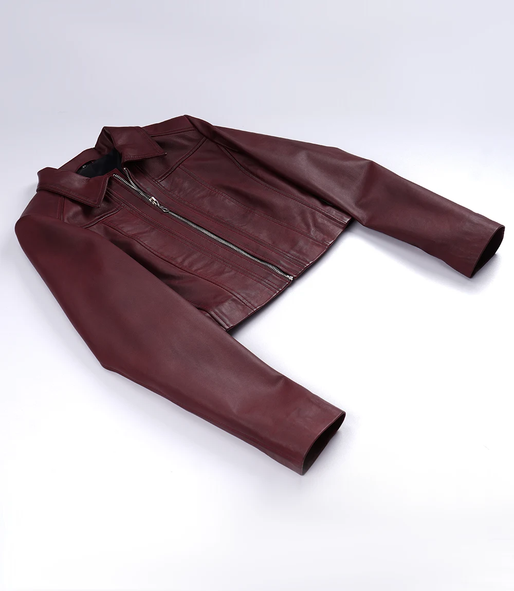 Women's Burgundy Wax Cropped Harrington Leather Jacket - Image 2