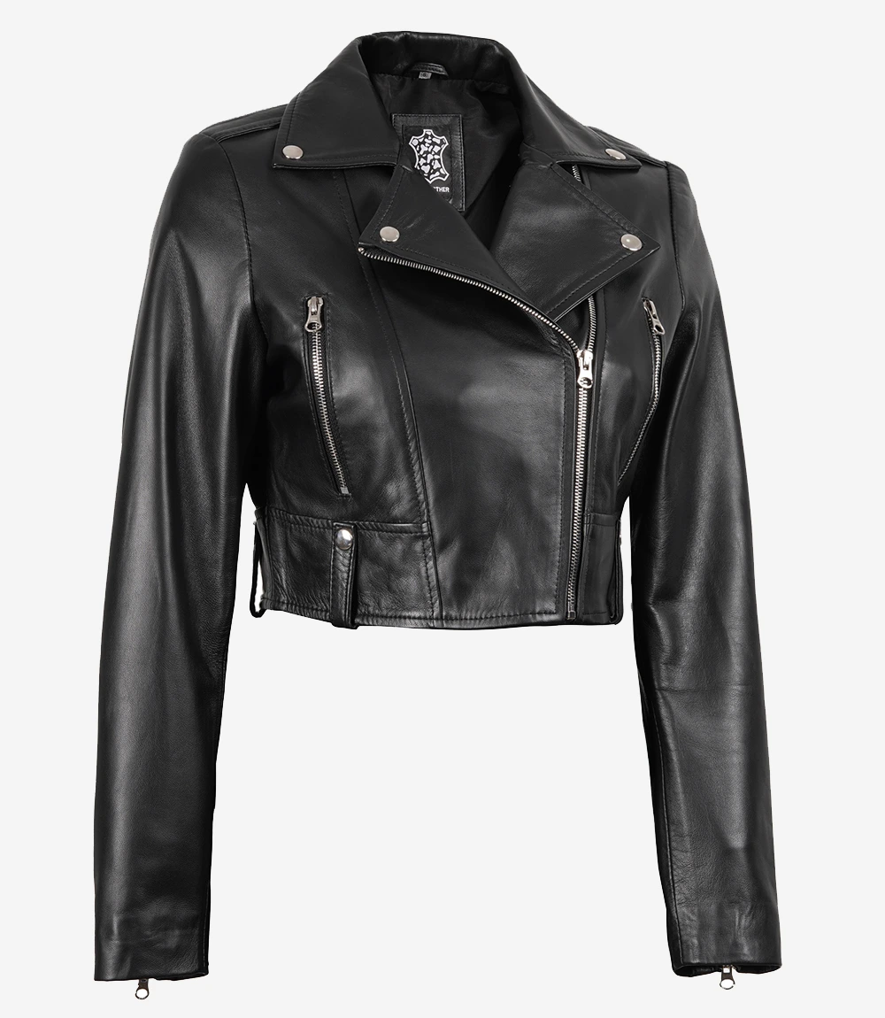 Women's Black Cropped Lambskin Leather Biker Jacket — Asymmetric Zip - Image 2