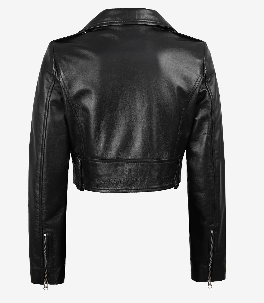 Women's Black Cropped Lambskin Leather Biker Jacket — Asymmetric Zip - Image 3