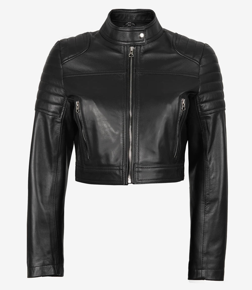 Edna Black Cropped Leather Jacket Womens - Image 2