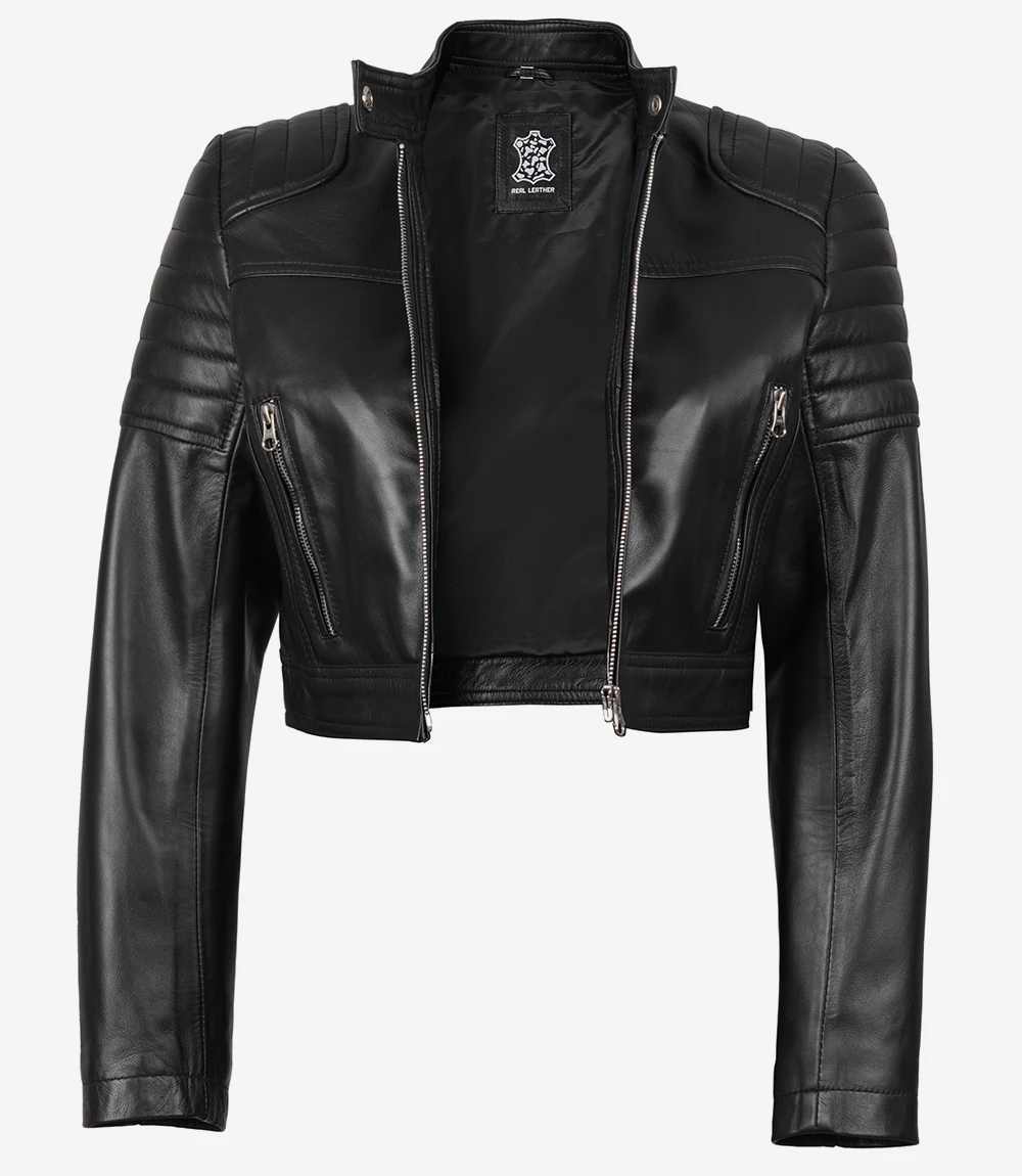 Edna Black Cropped Leather Jacket Womens - Image 3