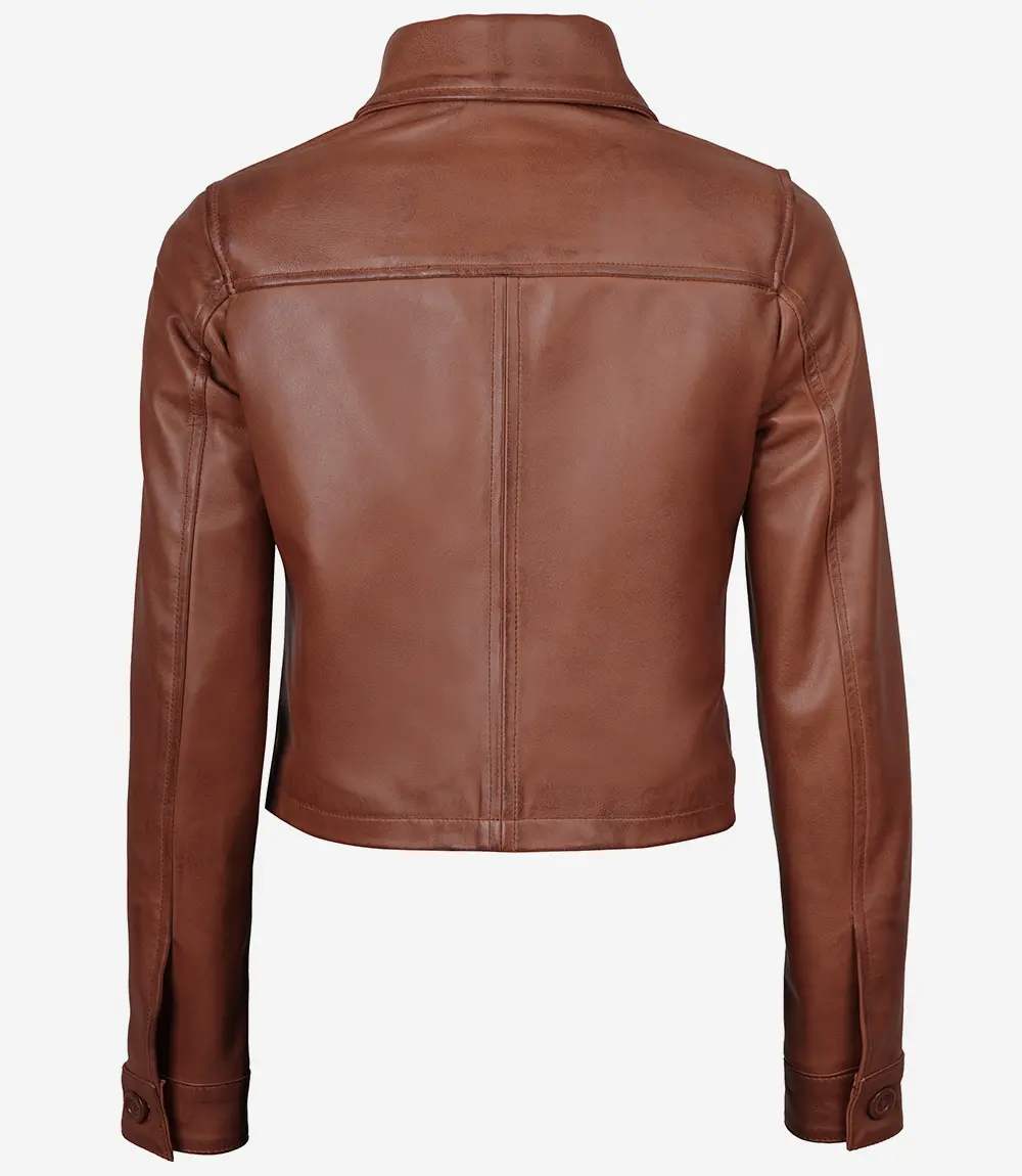 Women's Cognac Brown Cropped Leather Jacket — Shirt Collar, Buttoned Front - Image 4