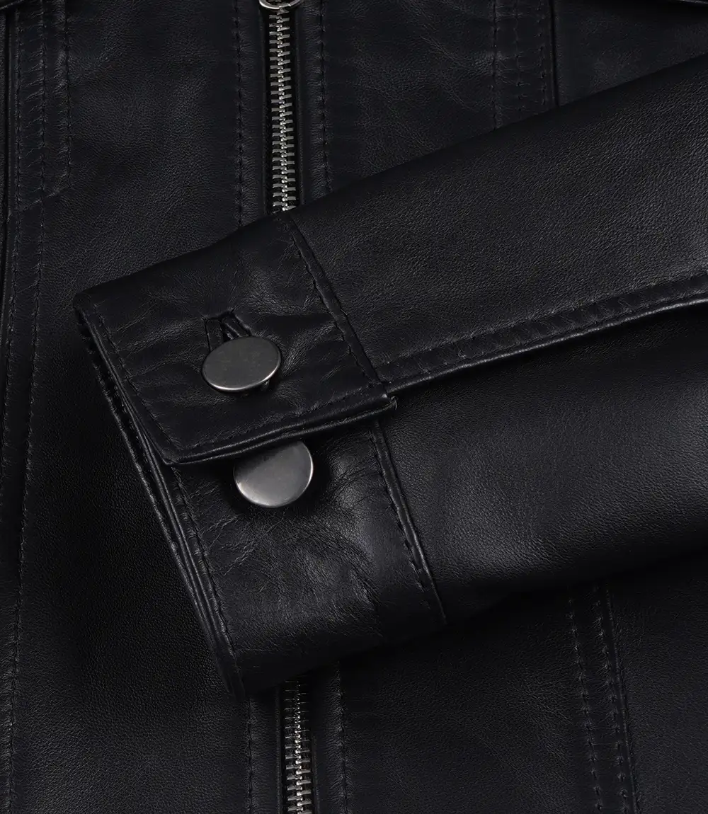 Women's Black Lambskin Leather Cropped Harrington Jacket - Image 4