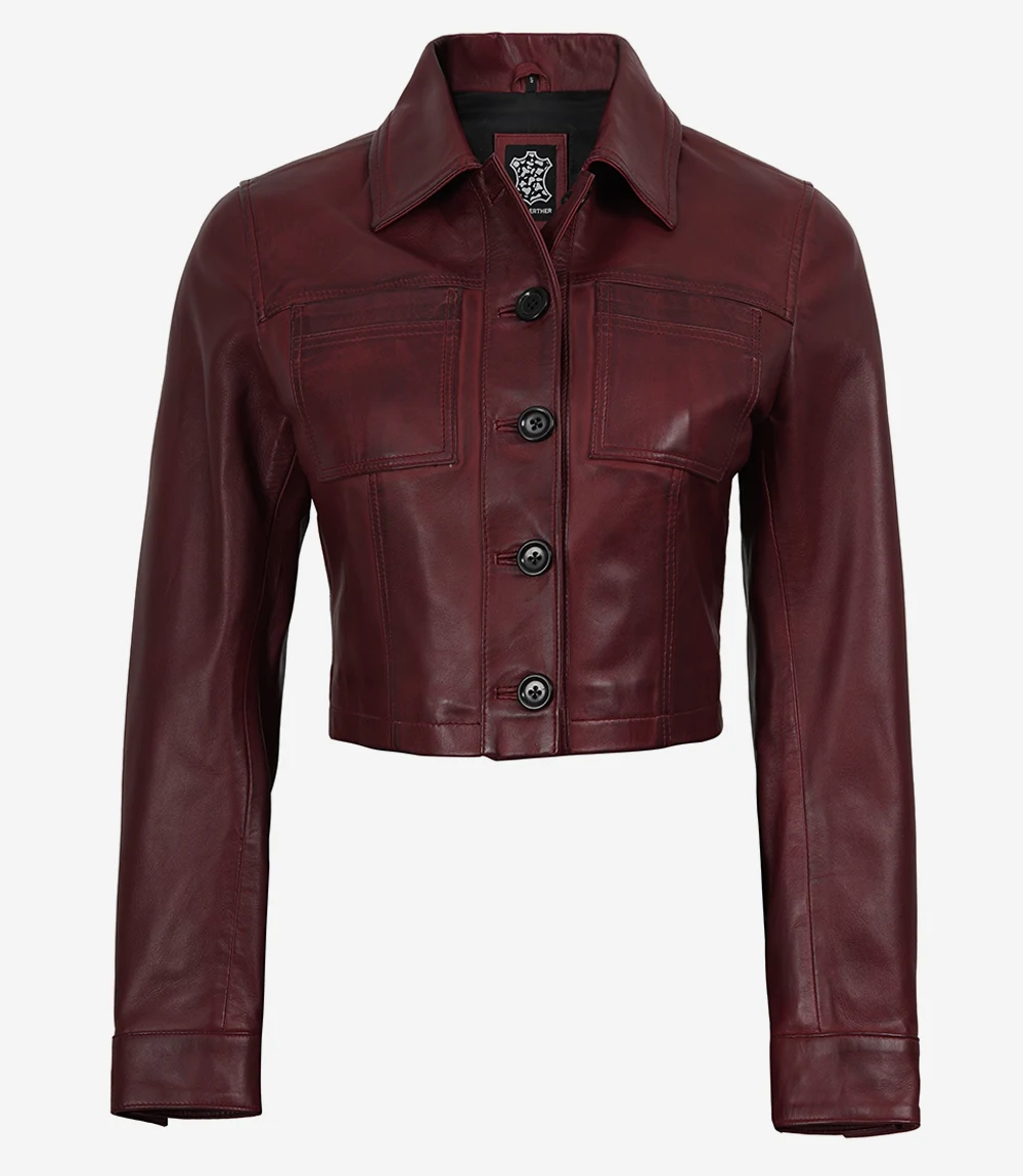 Women's Burgundy Wax Cropped Leather Harrington Jacket - Image 5
