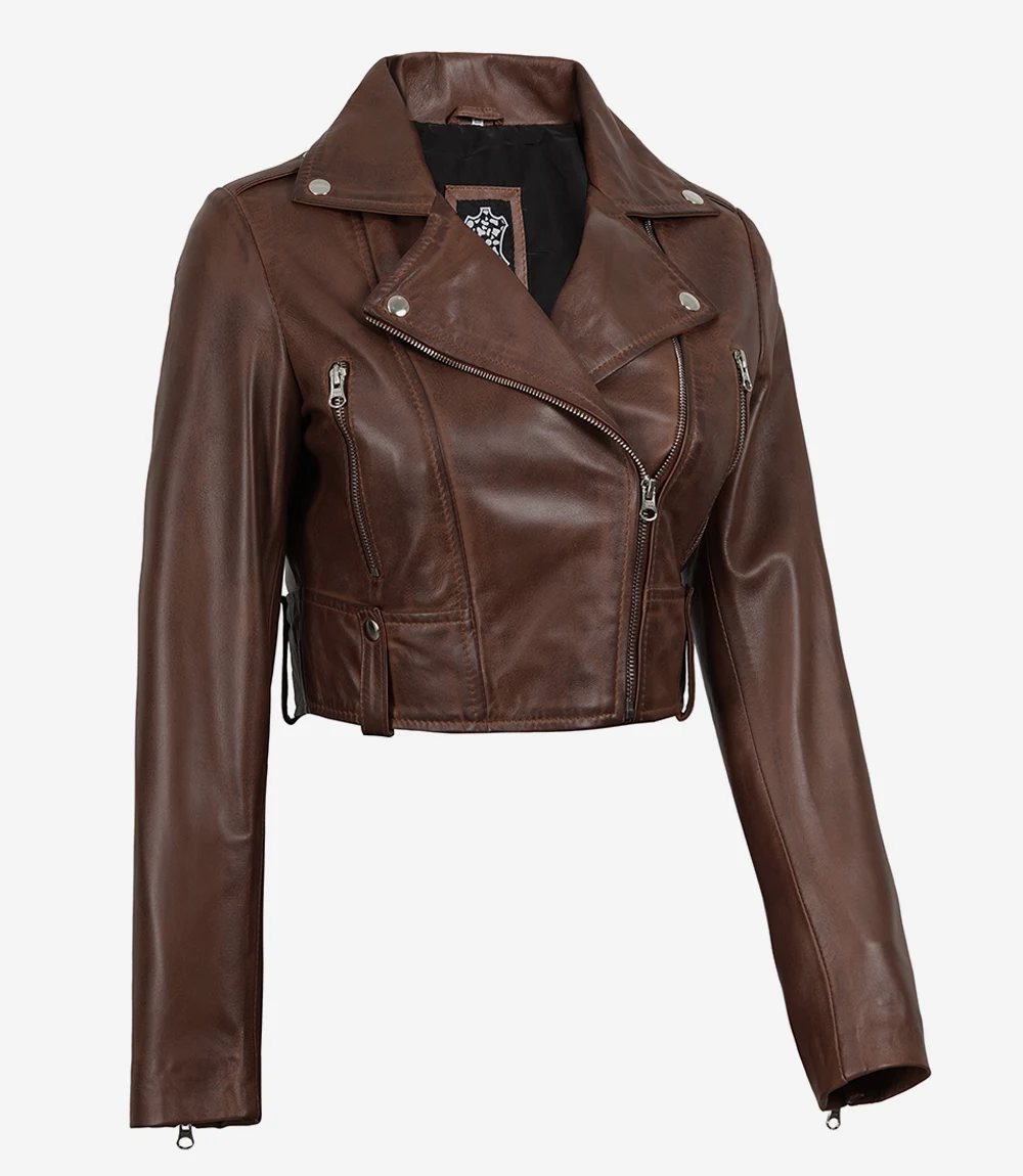 Women's Cropped Cognac Wax Moto Leather Jacket - Image 3