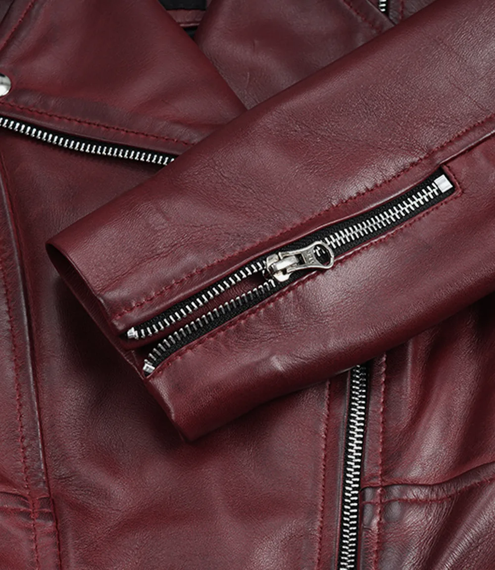 Women's Cropped Burgundy Wax Leather Biker Jacket - Image 4