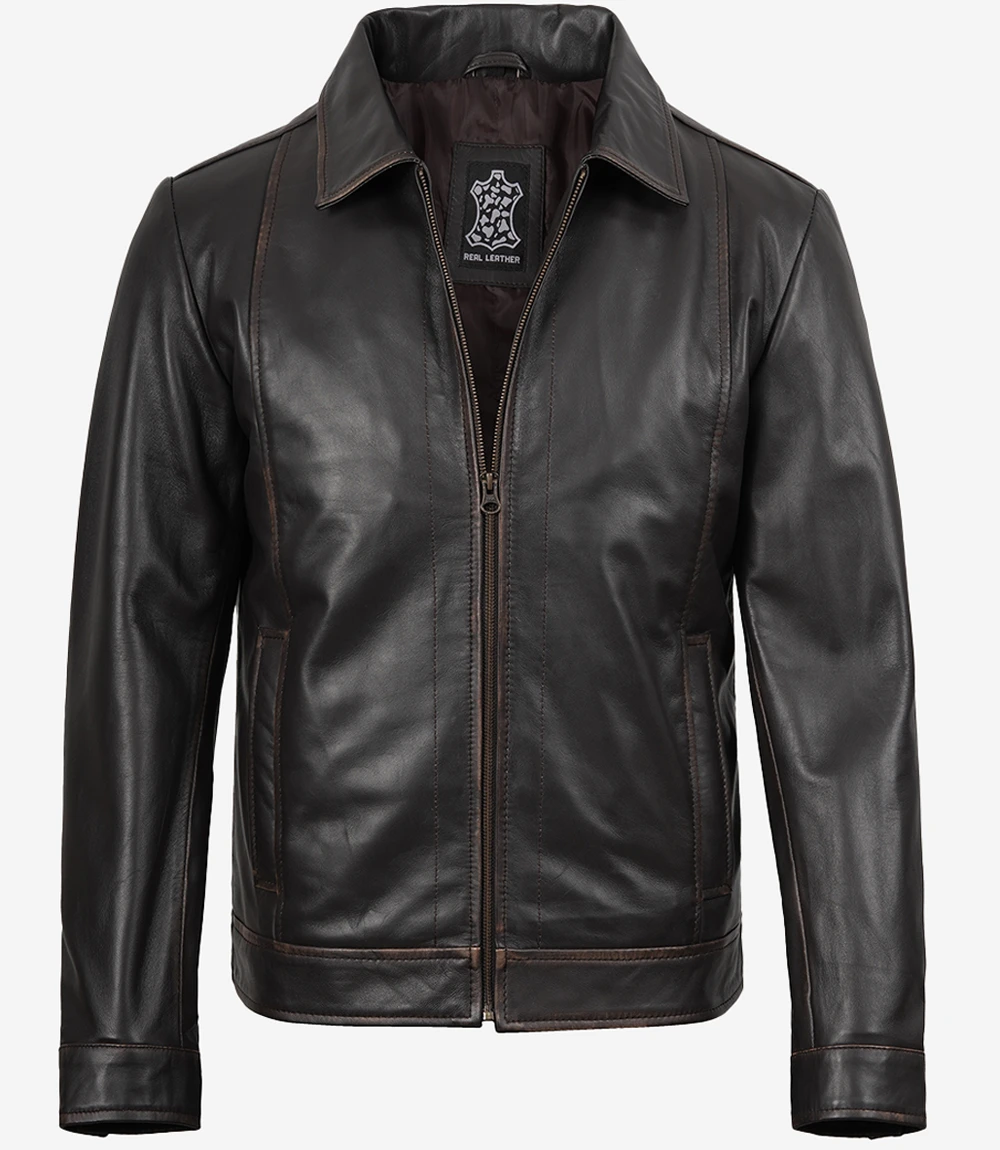 Men's Vintage Dark Brown Rub Off Leather Jacket - Image 2