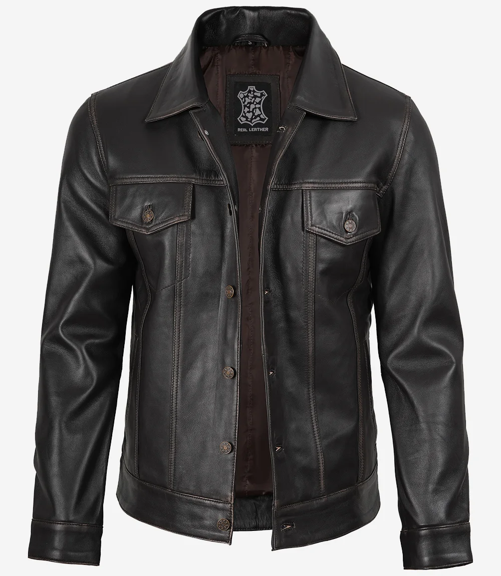 Men's Dark Brown Trucker Leather Jacket - Image 2