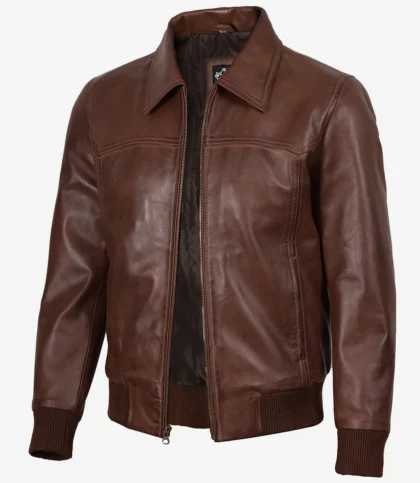 Men's Cognac Brown Wax Leather Bomber Jacket