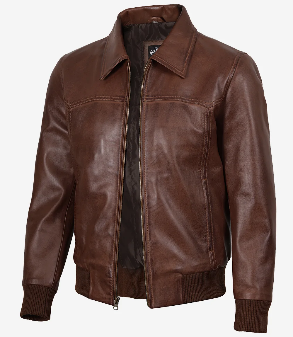 Mens Cognac Brown Wax Leather Bomber Jacket