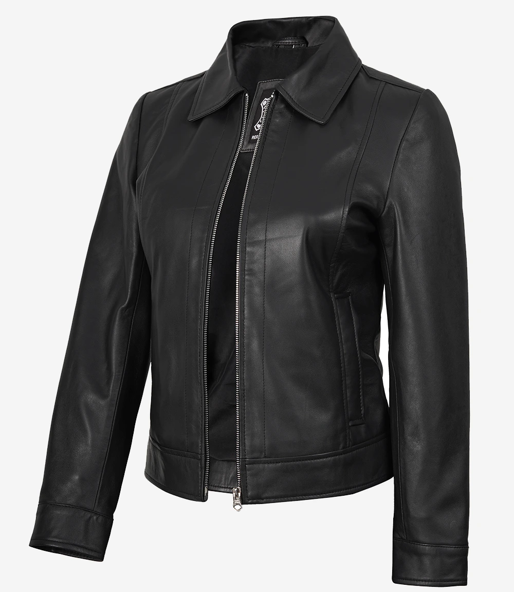 Women's Harrington Style Black Leather Jacket
