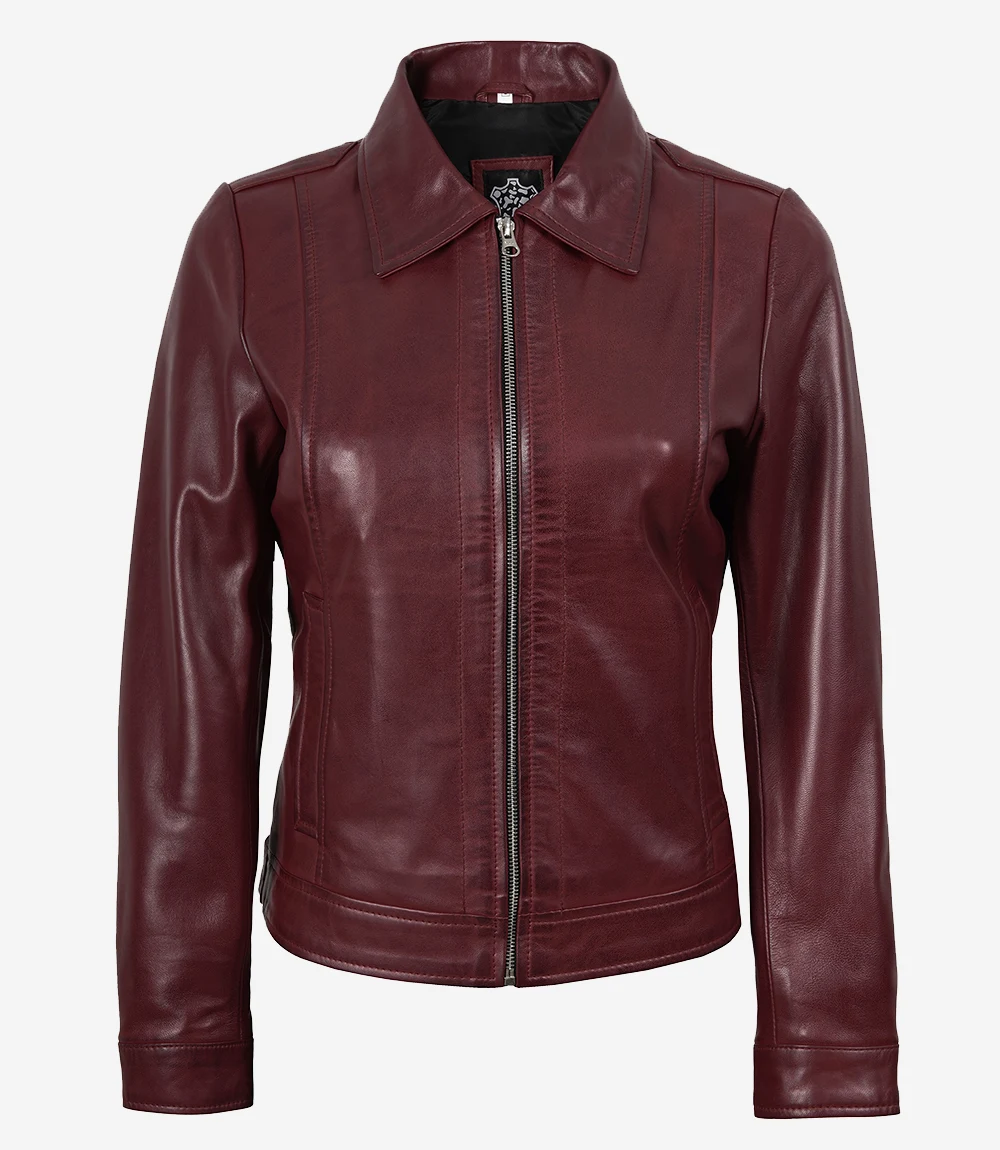 Jose Women's Burgundy Harrington Leather Jacket - Image 3