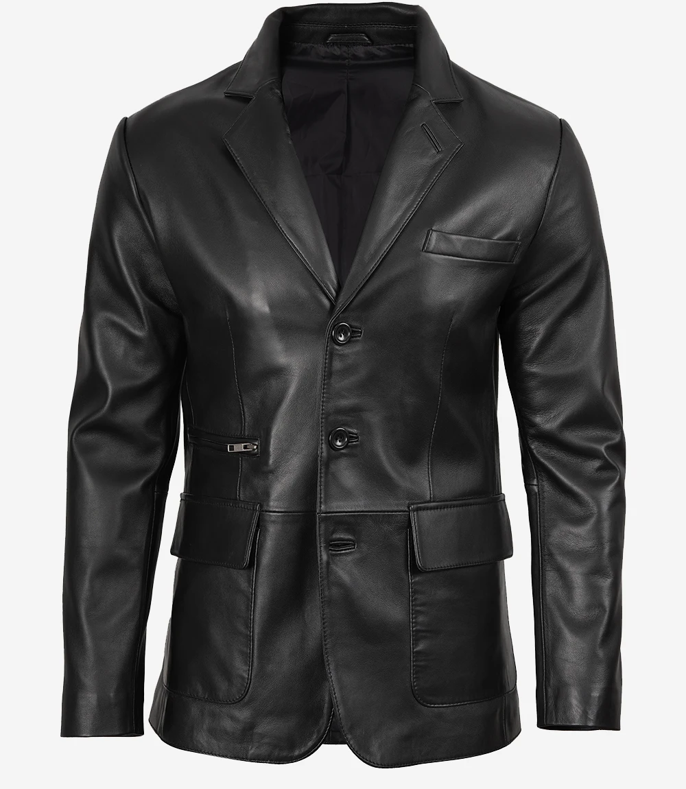 Eliseo Men's Black Three Button Leather Blazer - Image 2