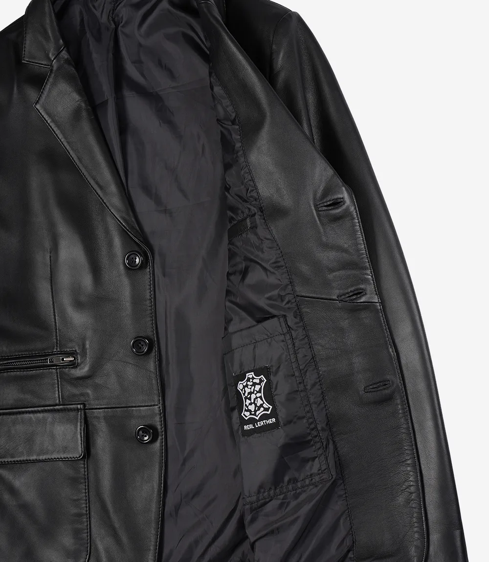 Eliseo Men's Black Three Button Leather Blazer - Image 3