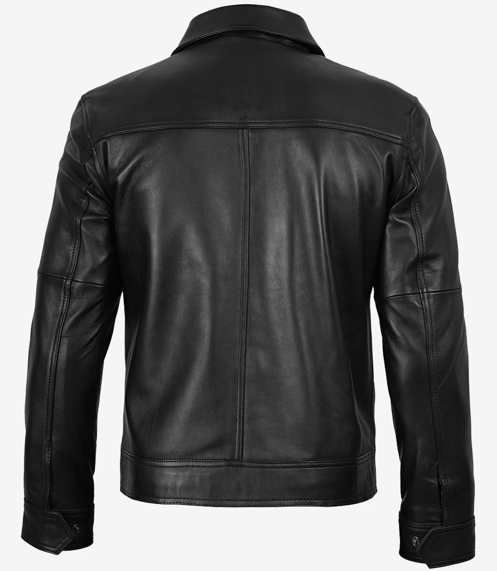 Men's Black Harrington Leather Jacket — Shirt Collar, Vintage Finish - Image 2