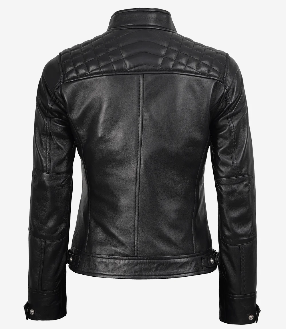 Women Black Quilted Cafe Racer Leather Jacket - Image 4