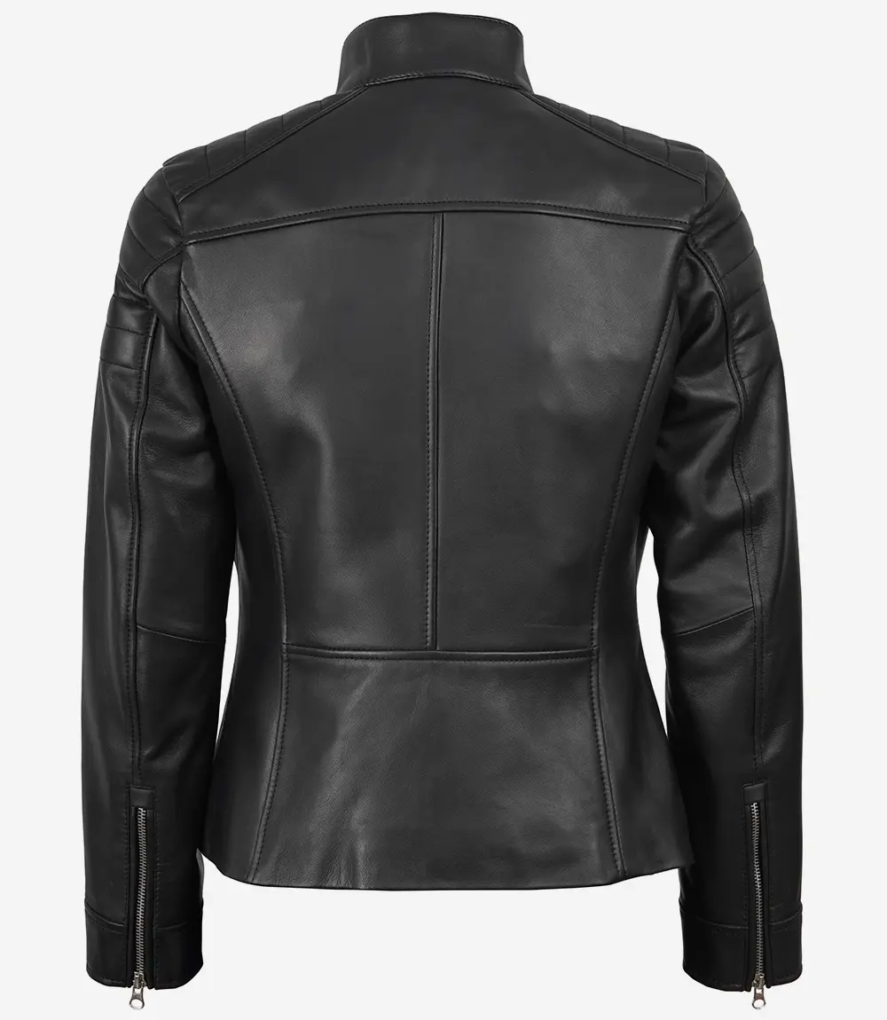 Women Cafe Racer Black Leather Jacket - Image 3