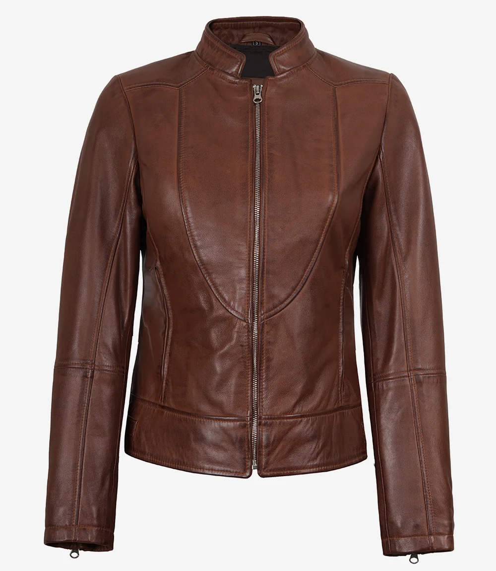 Women's Vintage Cafe Racer Cognac Brown Leather Jacket - Image 3