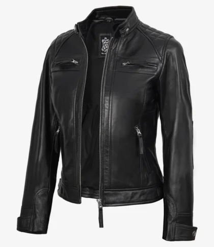 Women Black Quilted Cafe Racer Leather Jacket