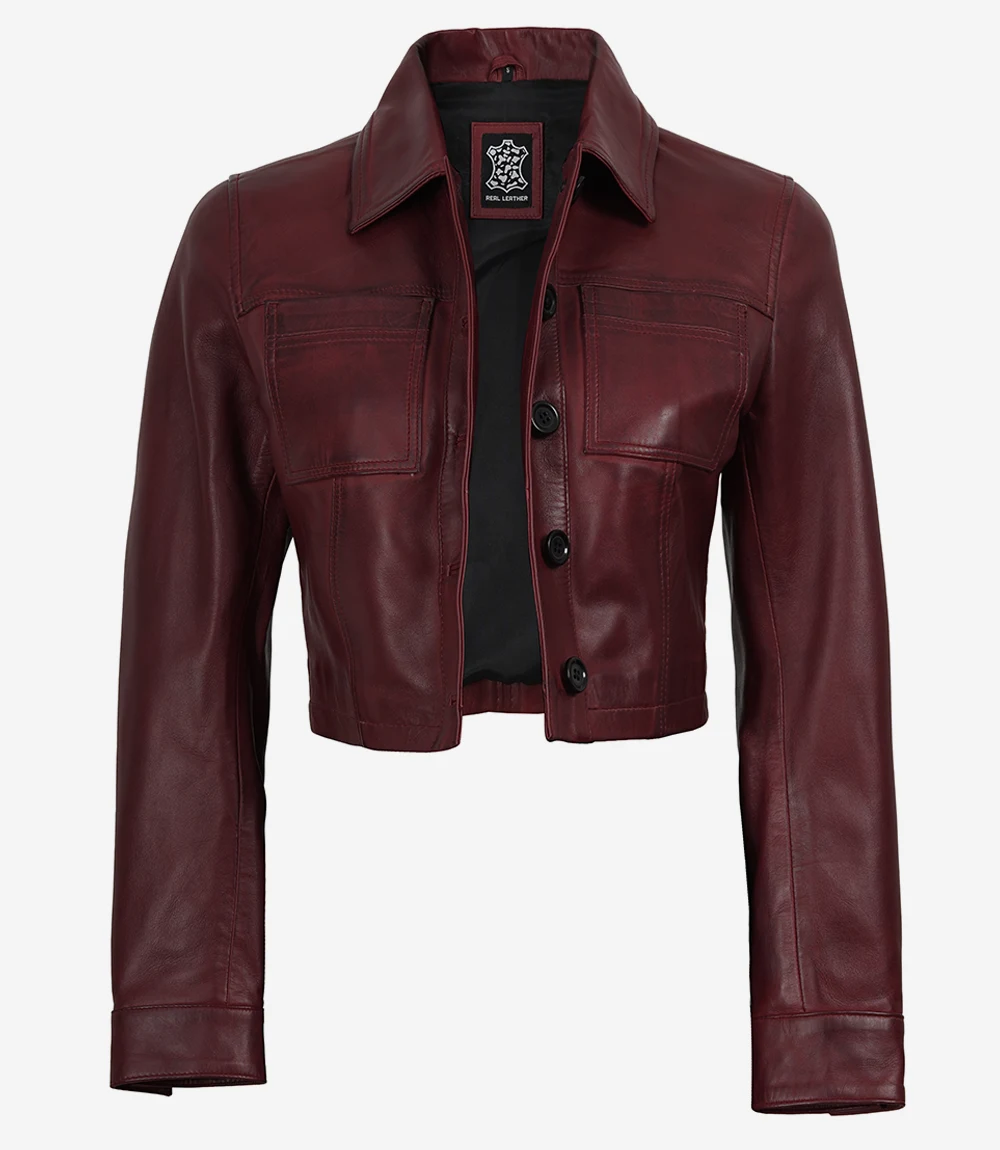 Women's Burgundy Wax Cropped Leather Harrington Jacket - Image 4