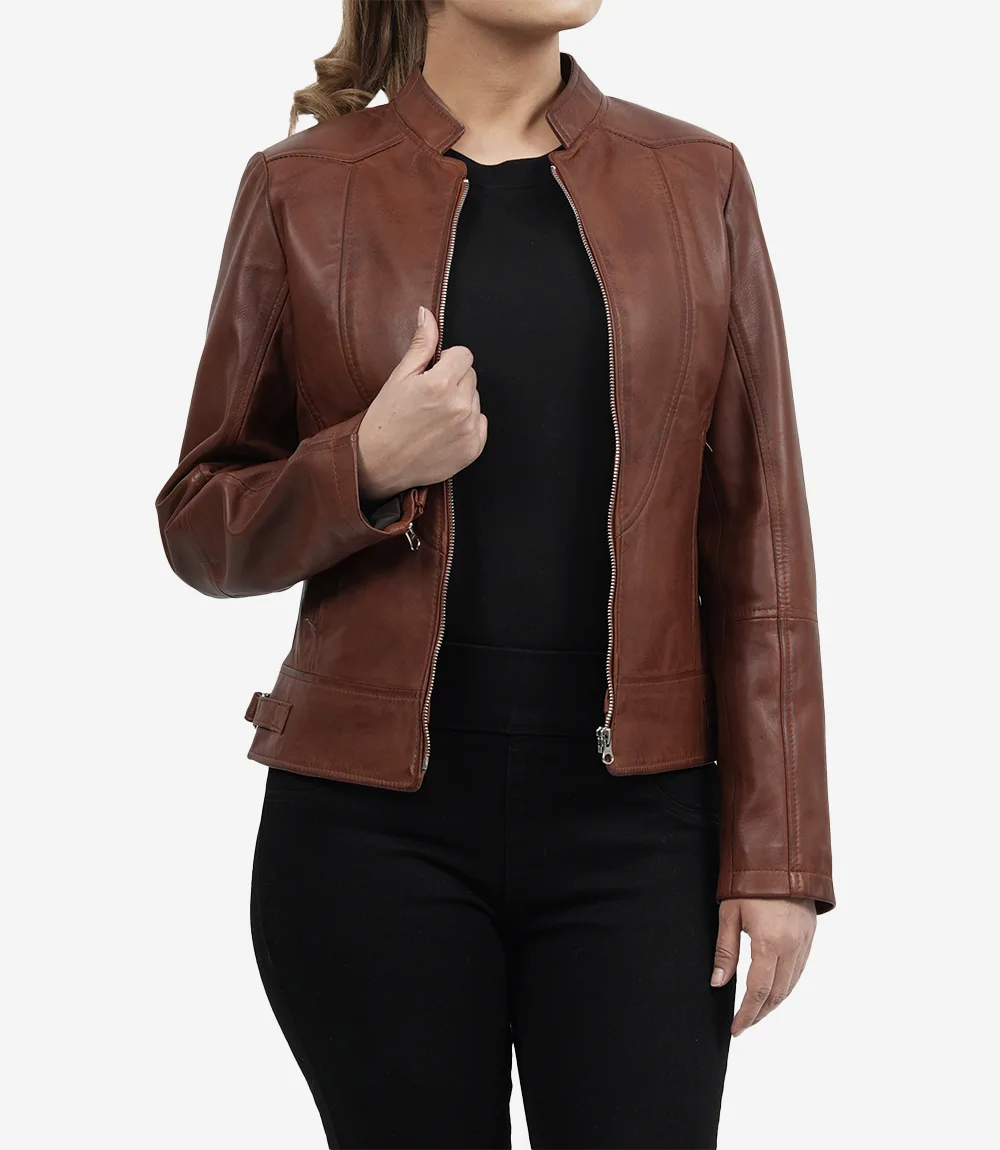 Women's Vintage Cafe Racer Cognac Brown Leather Jacket - Image 5