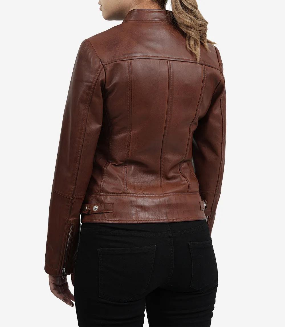 Women's Vintage Cafe Racer Cognac Brown Leather Jacket - Image 6