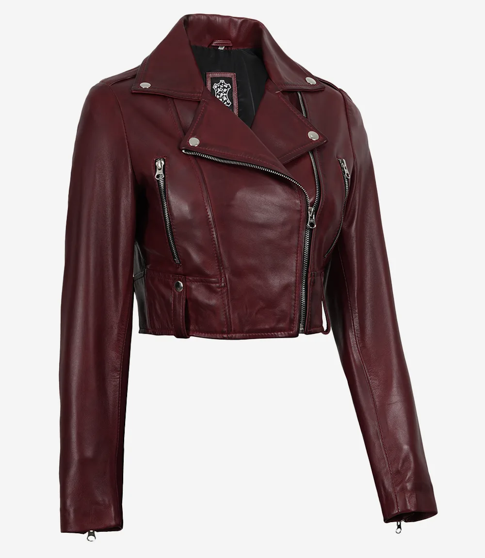 Women's Cropped Burgundy Wax Leather Biker Jacket - Image 5