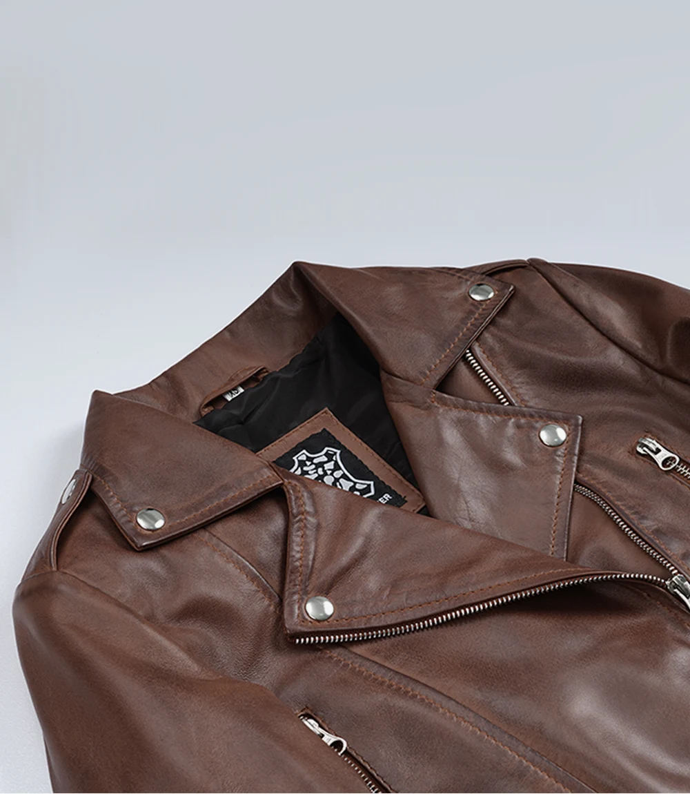Women's Cropped Cognac Wax Moto Leather Jacket - Image 4