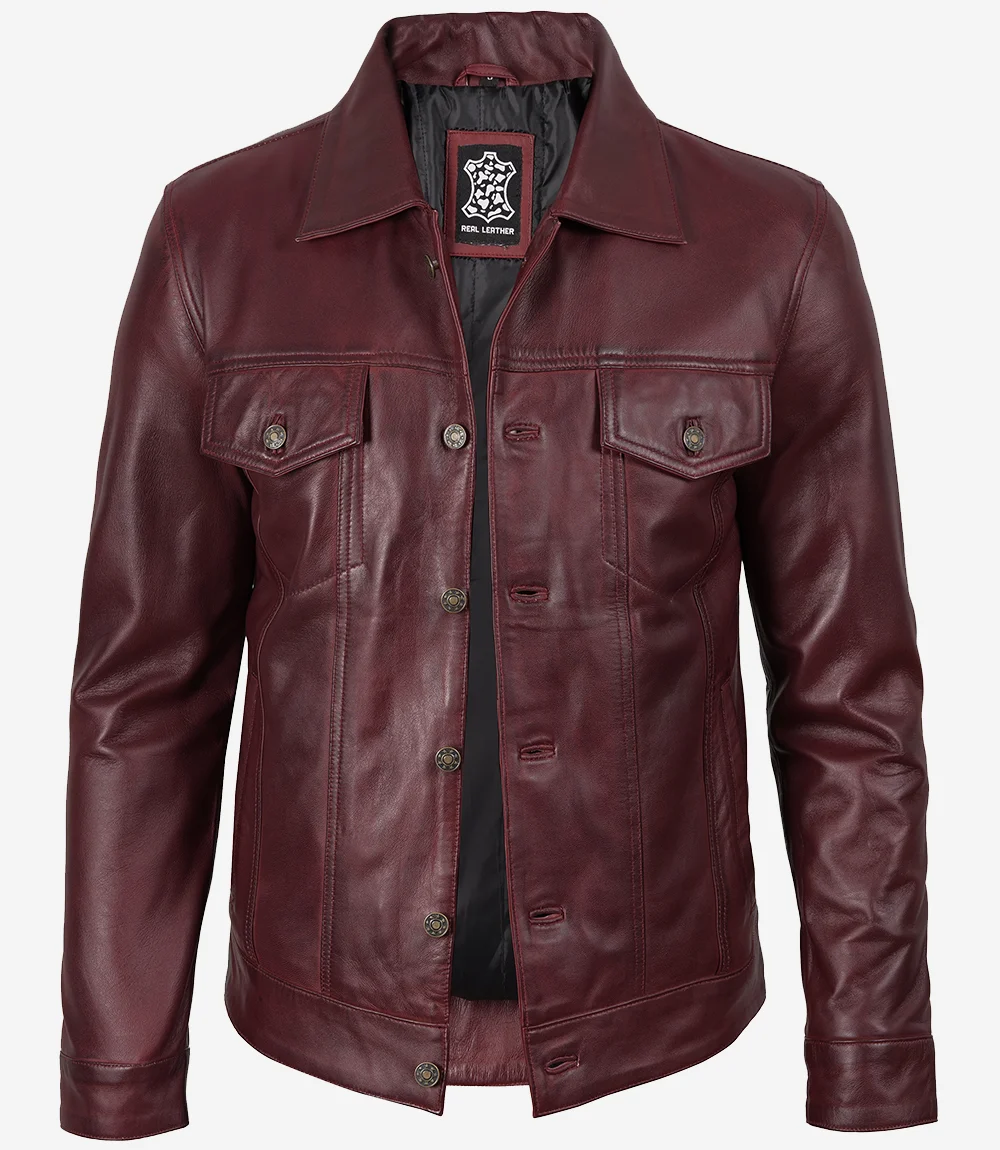 Men's Burgundy Real Leather Trucker Jacket - Image 2