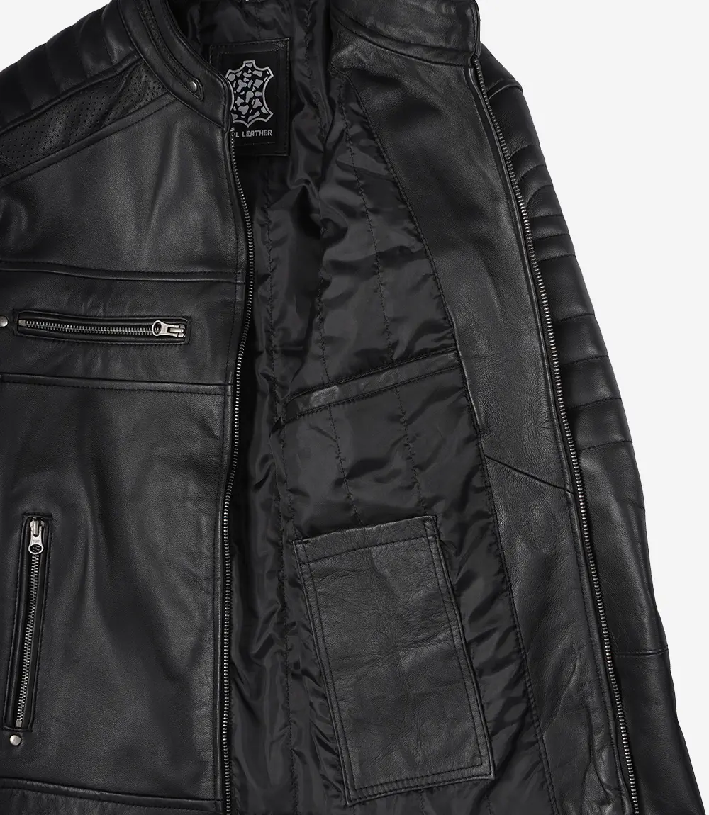 Men’s Black Lambskin Leather Cafe Racer Jacket - Image 6