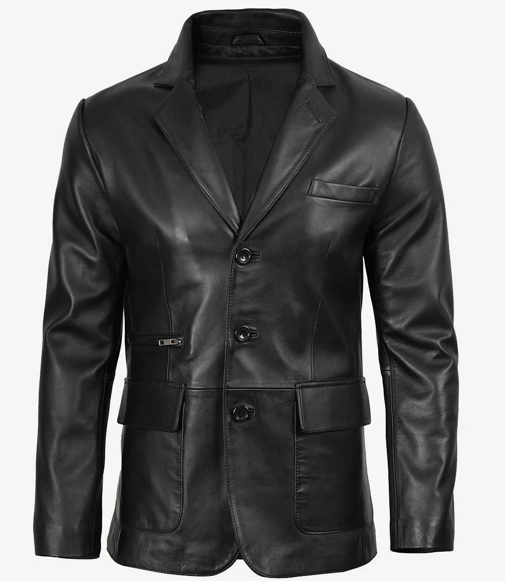 Eliseo Men's Black Three Button Leather Blazer - Image 4