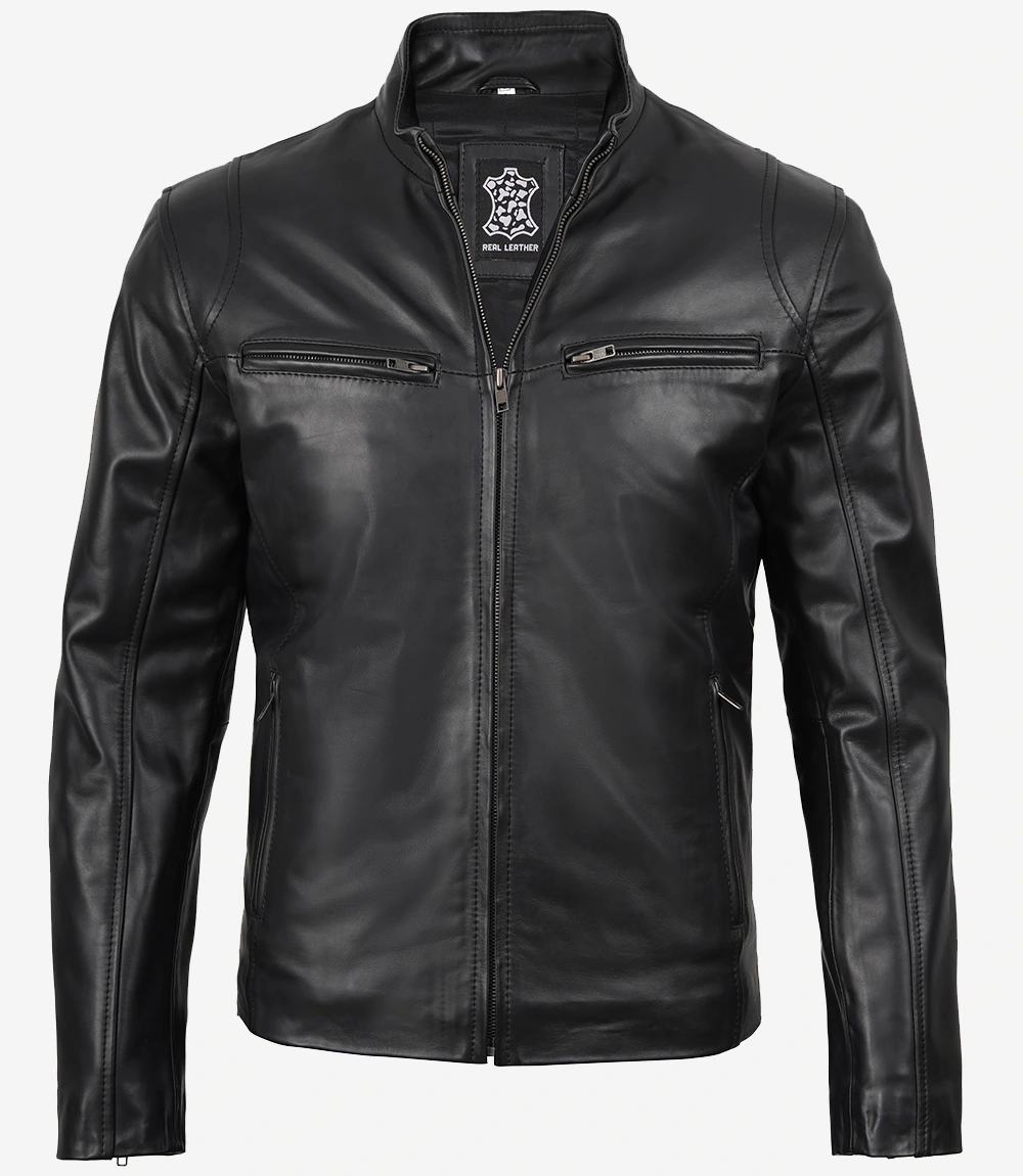 Men Black Cafe Racer Leather Jacket - Image 4