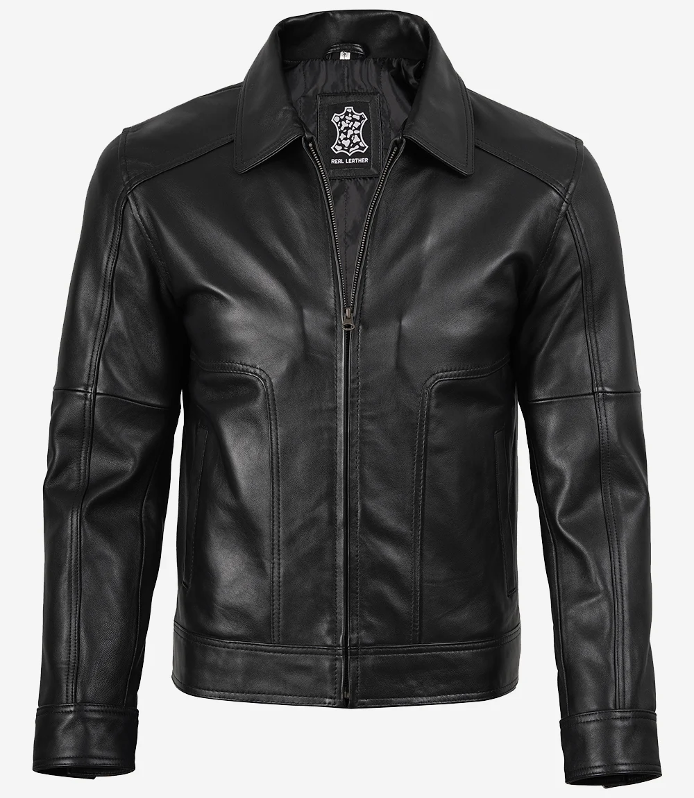 Men's Black Harrington Leather Jacket — Shirt Collar, Vintage Finish - Image 3