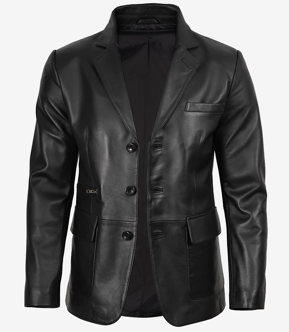 Eliseo Men's Black Three Button Leather Blazer - Image 5
